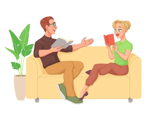 幸せな若いカップルの本はソファの上に座って読む。漫画ベクトルイラスト. — ストックベクタ