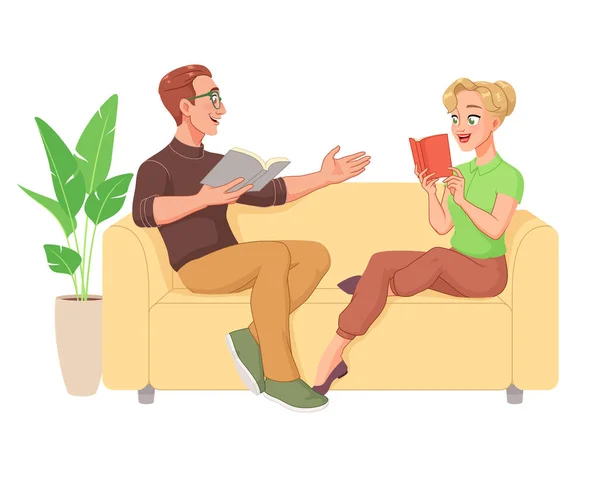 Gelukkig jong stel dat boeken leest op de bank. Cartoon vector illustratie. — Stockvector