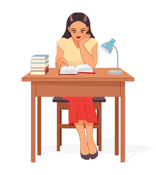 Giovane donna seduta alla scrivania a leggere libri. Studentessa che studia o si prepara per un esame. Illustrazione vettoriale. — Vettoriale Stock