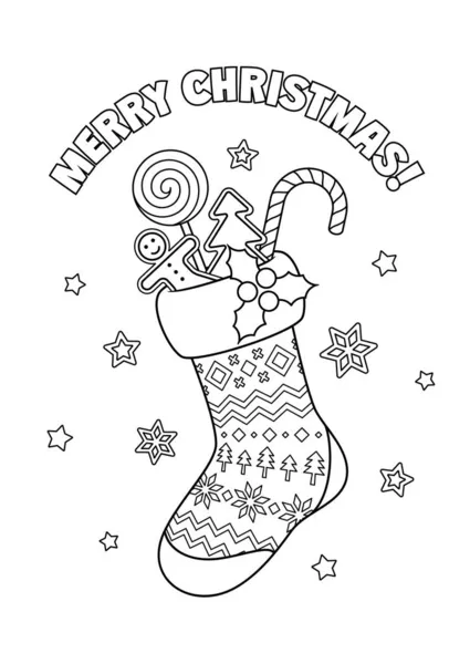 Χριστουγεννιάτικη κάλτσα με καραμέλες και χαιρετισμό. Εικονογράφηση χρωματισμό φορέα κινουμένων σχεδίων. Εικονογράφηση Αρχείου