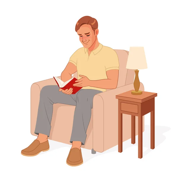 Mladý muž si čte knihu, zatímco odpočívá v křesle. Vektorová ilustrace. — Stockový vektor