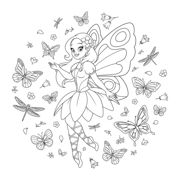 Όμορφη ιπτάμενη νεράιδα με φτερά που περιβάλλεται από πεταλούδες και λουλούδια. Διάνυσμα χρωματισμού σελίδα. Royalty Free Διανύσματα Αρχείου