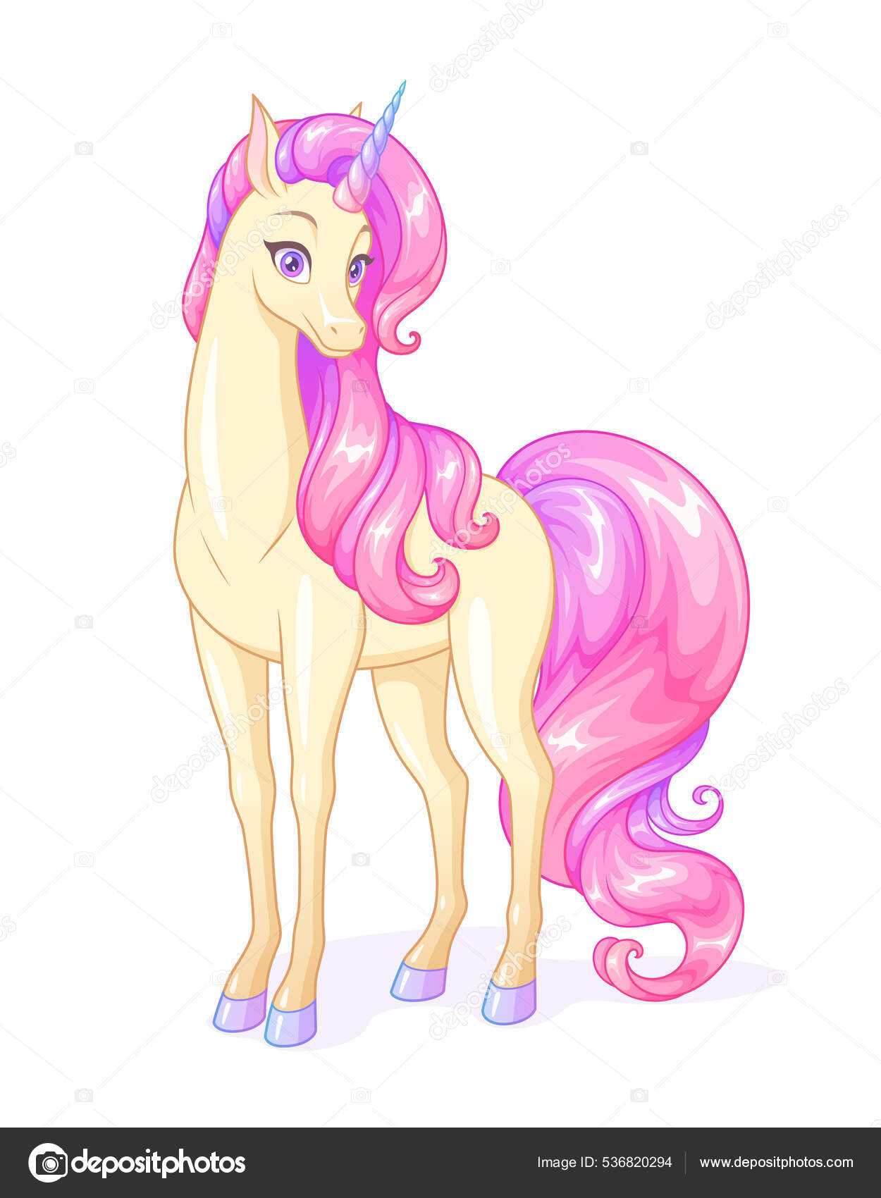 Beautiful unicorn with long pink mane and tail. Vector illustration