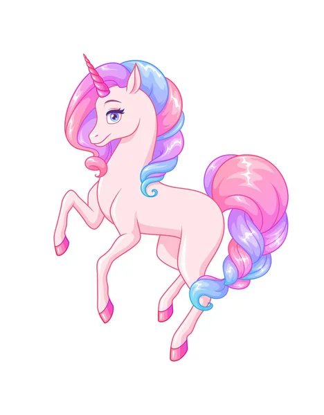 Prancing pink unicorn with colorful curly mane and braided tail. Vector illustration. — Stock Vector