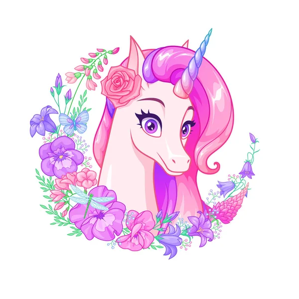 Hermoso unicornio de dibujos animados con melena rosa rodeada de flores. Ilustración vectorial. — Vector de stock