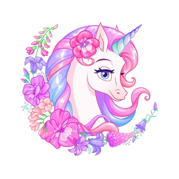 Cute cartoon unicorn surrounded with flowers. Vector illustration. — Vettoriale Stock