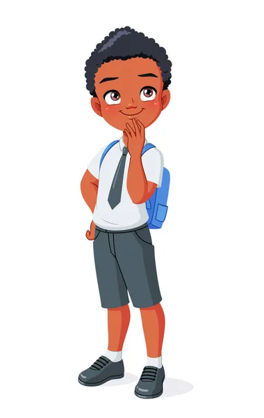 Pensando en un chico de escuela afroamericano. Dibujos animados vector ilustración. — Vector de stock
