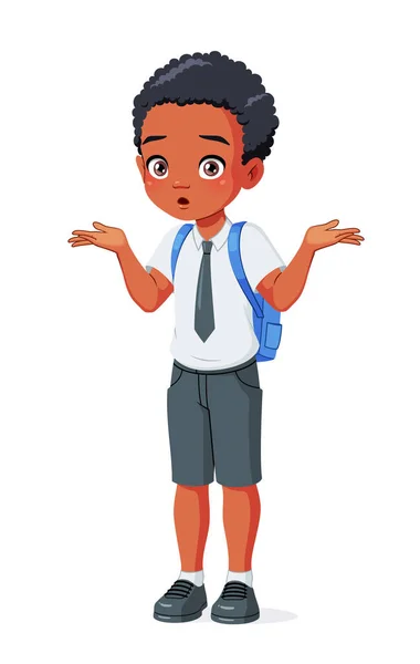 Un niño de escuela afroamericano confuso encogiéndose de hombros. Dibujos animados vector ilustración. — Vector de stock