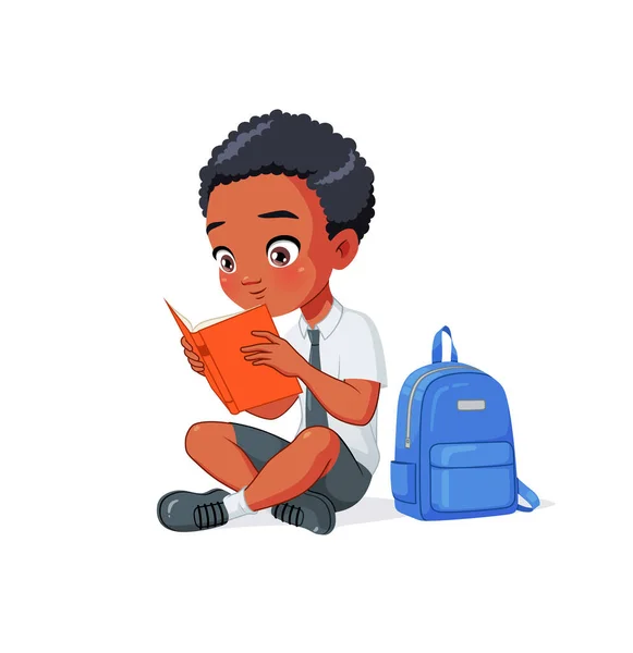 Söt afroamerikansk skolpojke som läser böcker sittande på golvet. Tecknad vektor illustration. — Stock vektor