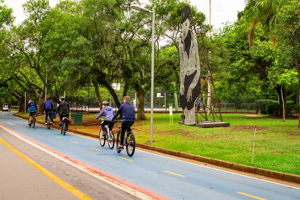 Sao Paulo, Brezilya - 10 Ekim 2021 Ibirapuera Parkı. İnsanlar spor yapıyor ve yeşil arazide yürüyorlar.