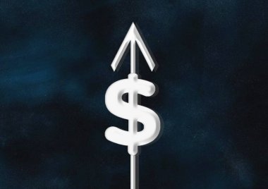 Mavi arka planda dolar simgesi ve yukarı ok. ABD doları büyüme kavramı