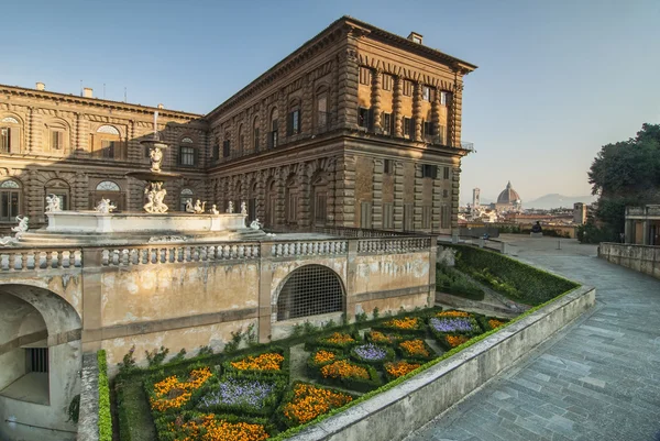 Çiçekler ve duomo palazzo pitti adlı bir görünüm — Stok fotoğraf