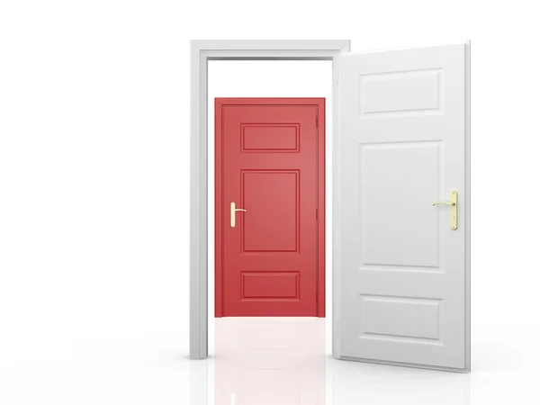 Rode deur achter witte deur — Stockfoto