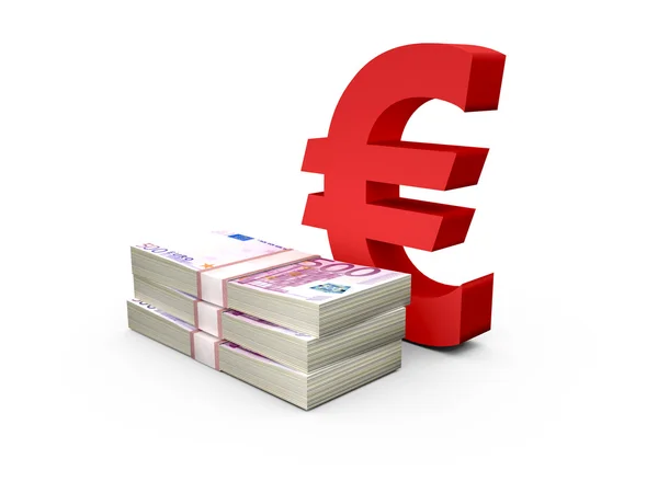 Stack av euron räkningar och eurotecknet — Stockfoto