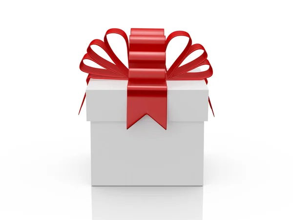 Белая коробка подарков с красной лентой — стоковое фото