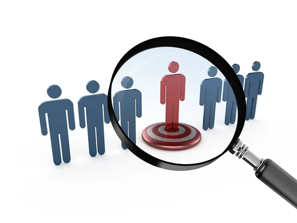 hedef ve Büyüteç camı üzerinde kırmızı sosyal adam