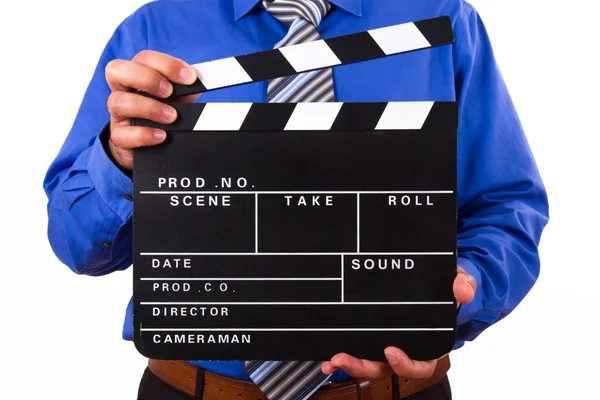 Empresário segurando Clapper em branco — Fotografia de Stock