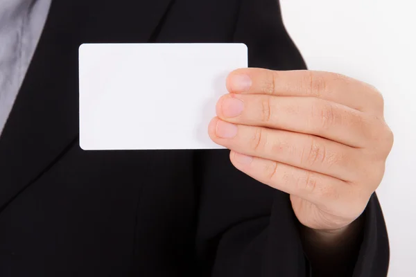 Mujer de negocios muestra tarjeta de visita en blanco — Foto de Stock
