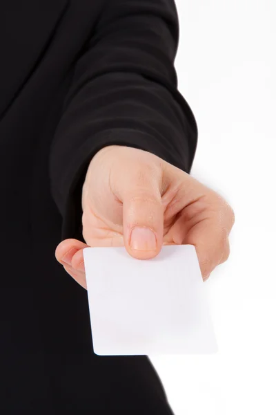 Business Woman Shows Blank Business Card — Stock Photo, Image