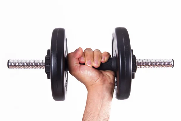 Hand som håller svart gym skivstång — Stockfoto