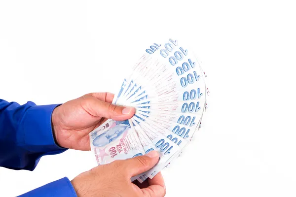 Hands Holding Turkish Lira Banknotes — Stock Photo, Image