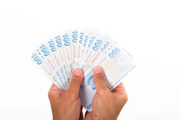 Hands Holding Turkish Lira Banknotes — Stock Photo, Image