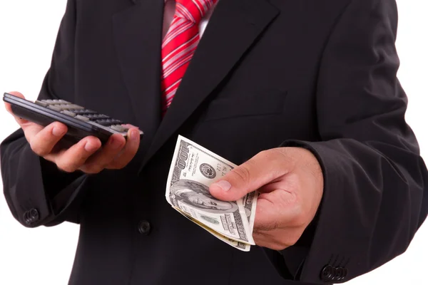 Man Holding Money and Calculator — Stock Photo, Image