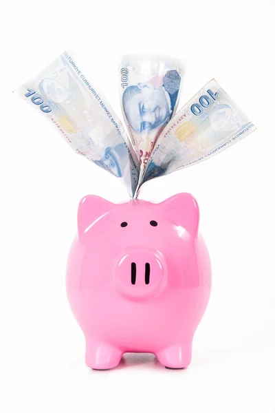 Geld in rosa Sparschwein — Stockfoto