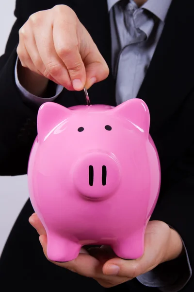 Business Woman and Piggy Bank — Stock Photo, Image