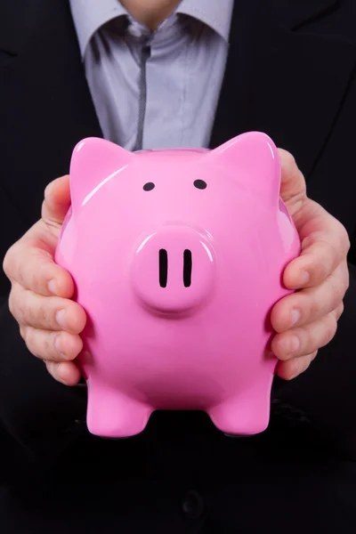 Business Woman Holding Piggy Bank — Stock Photo, Image