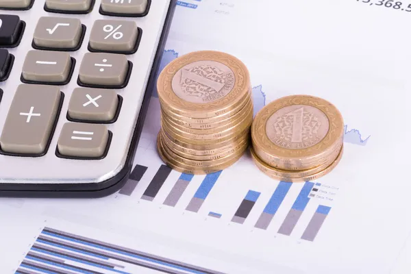 Financial Chart with Calculator and Coins — Stock Photo, Image