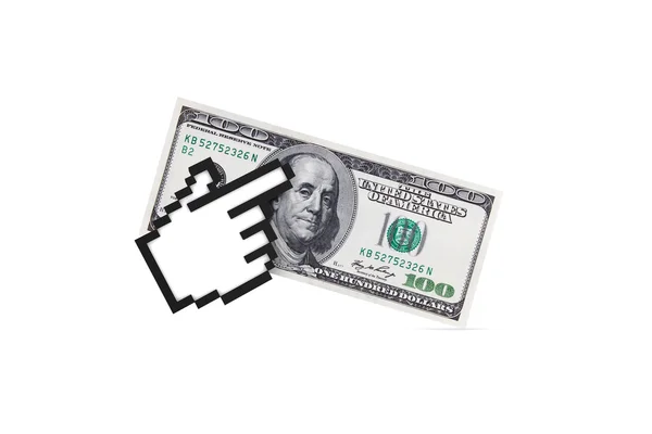 Cursor de mão em nota de dólar — Fotografia de Stock