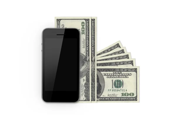 Slimme telefoon en honderd bankbiljetten — Zdjęcie stockowe