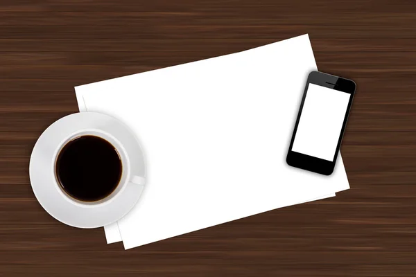 Slimme telefoon en koffie op Office tabel — Stockfoto