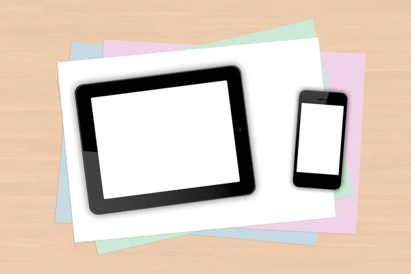 Tablet PC- en telefoon op Opmerking Papers — Stockfoto