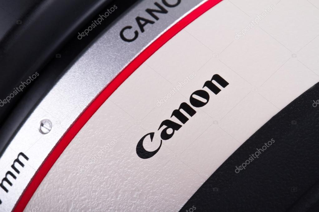 ISTANBUL, TURKEY - MAY 19, 2014: The logo of the brand Canon on lens.