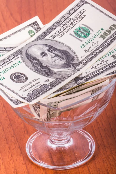 Dollar Banknotes in Glass Bowl — Stock Photo, Image