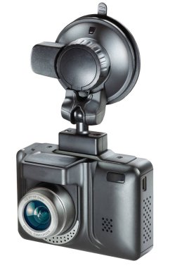 Cam mercekli ve emme kabıyla beyaz arka plana monte edilmiş araba DVR 'ı.