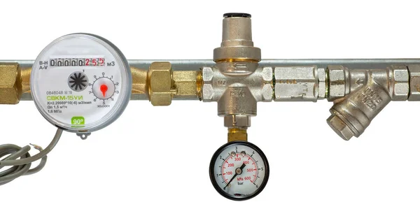 Complex Connections Steel Water Pipes Valves Pressure Sensors White Background — 图库照片