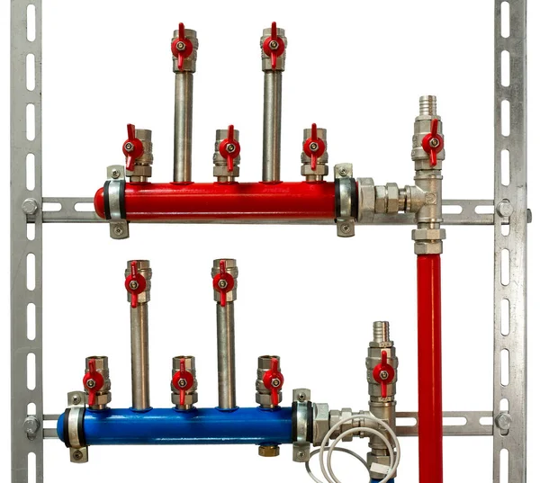 Complex Connections Steel Water Pipes Valves Pressure Sensors White Background — 图库照片