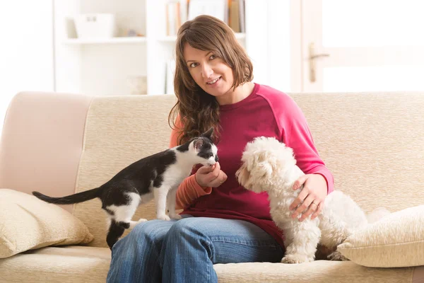 Propietario con gato y perro — Foto de Stock