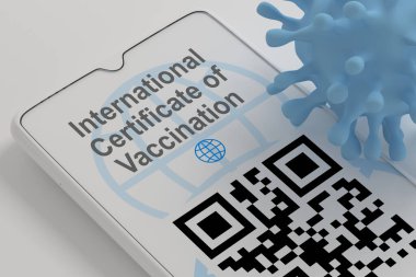 Covid19 pasaport, Covid 'e karşı aşılanmış kişi sertifikası, daha kolay seyahat ve diğer avantajlar. Uluslararası Aşılama Sertifikası, cep telefonunda QR kodu, üzerinde yasak işareti olan virüs, 3D illüstrasyon.