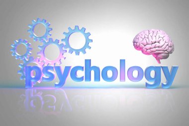 Psikoloji, vites ve insan beyni kelimesi, burada bu bilimle ilgili bir kavram olarak sunuluyor, 3D illüstrasyon.