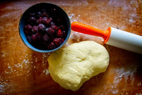 Making Dumplings Filled Sour Cherry Sugar Wooden Cutting Board — Stock Photo, Image