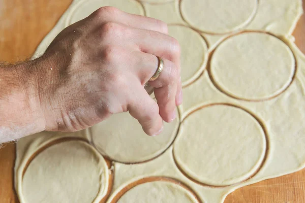 Making Dumplings Pierogi Preparing Rounded Pieces Dough Glass — Stock Photo, Image