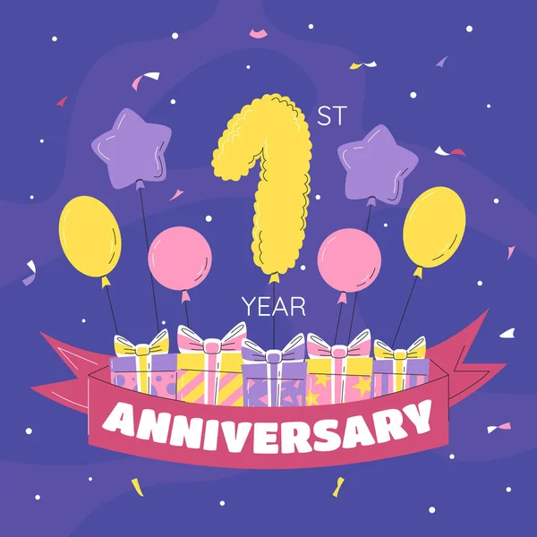 Afiche Celebración Del Primer Aniversario Número Globo Dorado Con Confeti — Vector de stock