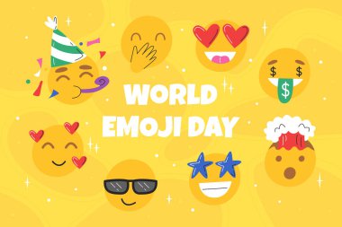 Sarı arka planda farklı yüz ifadeleri olan sevimli emoji. Mutlu dünya emoji günü, 17 Temmuz. Komik ifadelerle kutlama konsepti. İletişim simgeleri. Vektör el çizimi düz resimleme