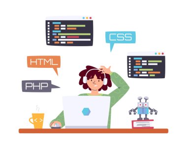 Düşünceli genç erkek internette kodlamayı evde öğreniyor. Çocuk web geliştirme okuyor. Programlama ve robotik dersler, çocuklar için bilgilendirme dersleri. Çocuklar vektör illüstrasyonunu kodluyor