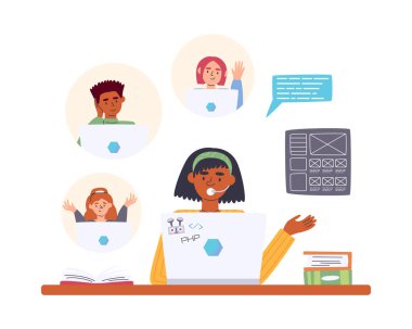 African american male teenager explaining coding homework to his classmates. Children studying web development. Programming and UI design classes, informatics lessons. Kids coding vector illustration