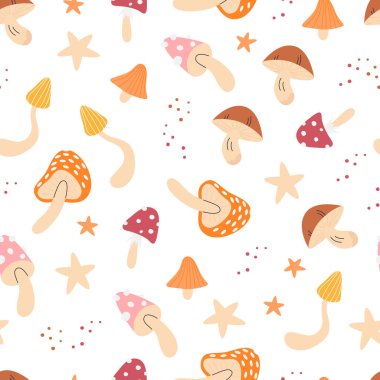 Retro 70s psychedelic mushroom seamless pattern isolated on white. Groovy hippie nature print. Textile vintage style design. Repeated background with fungi and dots. Hand drawn vector illustration